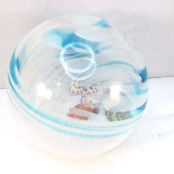 Handblown Blue White Swirl Art Glass Globe with Shells and Sand Paperweight - Picture 11 of 14